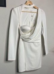 NEW ALAMOUR Dress Johanne Bustier Long Sleeve White Fitted Mini Dress Size XS
