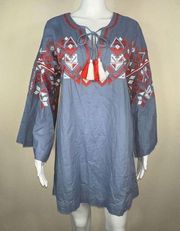 Mudpie Tillary Embroidered Bell Sleeve Boho Tassled Blue Tunic (Small)