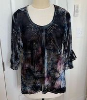 | Dark Velvet Eggplant Purple Grey 3/4 Ruffled Sleeve Blouse