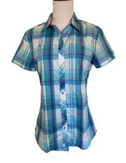 Kuhl plaid short sleeve button up shirt blue pink euc