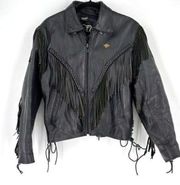 Vintage 80s First Genuine Leather Women's lined Fringe Moto Jacket Black Medium