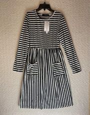 Merokeety Long Sleeve White Black Striped Midi Dress Size Small New with Tags