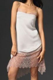 NWT Anthropologie Lace-Trimmed Asymmetrical Midi Slip Dress Gray Pink Size 8 NEW
