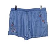 Knox Rose Chambray Embroidered Shorts‎ Womens Size L Drawstring Boho Multicolor