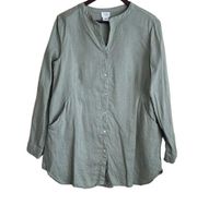 Sigrid Olsen Women Linen Top Collar Split Neck Roll Tab Sleeve Button Up M Green