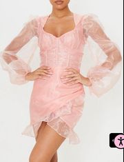 Pretty Little Thing Blush Organza Puff Sleeve Wrap Bodycon Dress