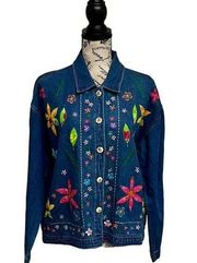 Womens  Vintage Denim Jacket  FLORAL Embroidered flowers Button L