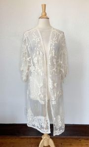 Off White Ivory Sheer Embroidered Lace Open Front Cardigan Kimono