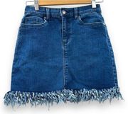 Venus Dark Wash Raw Fringe Hem High Waist A-Line Denim Mini Skirt Size 4