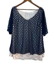 Eshakti Blouse Top 3X 24W Navy Blue Beige Geometric Short Sleeve V-Neck High Low