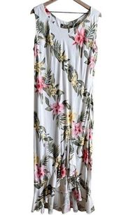 Vintage 80s Two Palms Tropical Floral Print Ruffle Hem Sleeveless Midi Dress, L