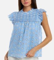 Sail to Sable Eyelet Chambray Poplin Blue White Ruffle Neck Top Size M NWT