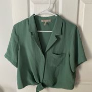 Green Button Down Tie Front Cropped Top Short Sleeve