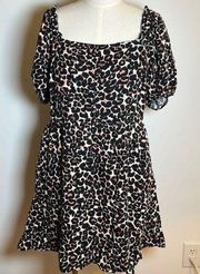 Who What Wear Sketched Leopard Square Neck Puff Sleeve Linen Dress Size Large