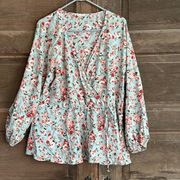 Ophelia Roe Women's Top Sz 2X Long Puff Sleeve Floral V Neck Blouse-Cross Front