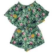 Izzy and Lola Floral Tropical Romper Green Pink Flounce Top Women's Size Small