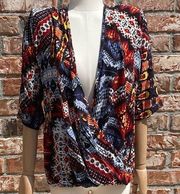 Cha Cha Vente abstract brightly colored deep V neck top / S /Excellent condition
