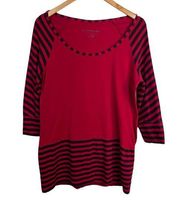 Norma Kamali Tunic Top Womens XL Red Black Stripe 100% Organic Cotton 3/4 Sleeve