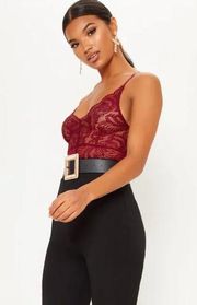 NWT PRETTY LITTLE THING LUCILLE BURGUNDY SHEER CROSSBACK LACE BODY SUIT