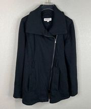 Merona Womens Jacket Size Small Black Asymmetrical Zip Knit Fleece Ribbed Collar