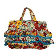 Ruffle Tote Bag Gold Vintage Floral Pom Poms Multicolor Boho