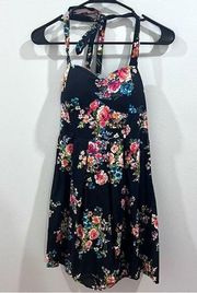 Black floral sweetheart neck halter 100% cotton sundress size medium