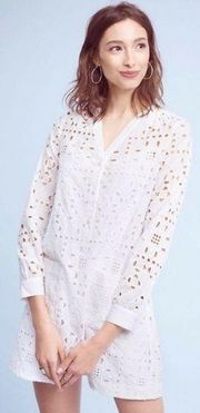 Anthropologie Maeve White Geo Eyelet Cotton Shirt Dress