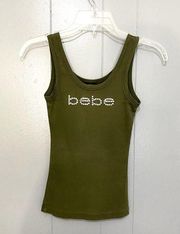 Bebe Y2K Vintage Olive Green Bedazzled Logo Scoop Neck Summer Tank Top M