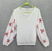 Esprit Women's Blouse Puffy Long Sleeve White Red Birds Size Medium 100% Cotton