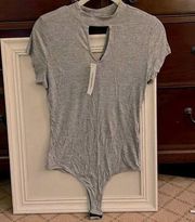 Popular Basics gray ribbed mock neck body suit W double keyhole cutouts  NWT L