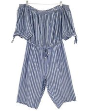 Blush Blue Striped Off-Shoulder Jumpsuit Cropped Wide Leg Romper