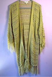 Umgee Tan Beachy Open Front Crochet Fringe Boho Longline Swim Cardigan M/L