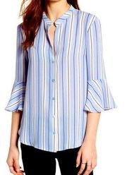 Lush Clothing LUSH Blue, White, and Black Striped Flowy Button Up 3/4 Sleeve Blouse, S…