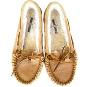 Minnetonka Faux Fur Lined Moccasin Slipper Leather Upper