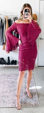 Maroon Lace Off The Shoulder Midi Dress