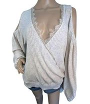 Blu Pepper Beige Deep V Wrap Slouchy Sweater And Exposed Shoulders