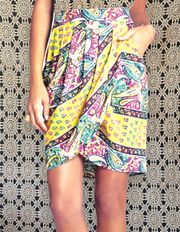 Max Azria Michaela Yellow + Green Paisley Wrap Front Mini Skirt Xs