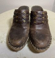 Frye Charlotte Brown Leather Chunky Heels Mules Clogs Women’s Size 7