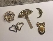 Lot Of 5 Brooch Pins Vintage - Modern Gold Tone Heart, Locket, Crescent Moon Fan