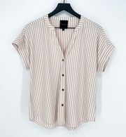 Neutral Stripe Button Down Top Minimalist Cream White Large