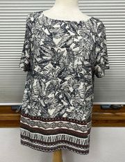 Christopher & Banks NWT Beige and Black Floral Leaf Print Short Sleeve Top XL