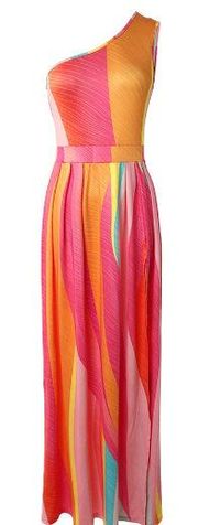 New  Pink & Yellow Striped One Shoulder Maxi Dress S