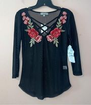 Crave fame Black Floral Embroidered Mesh Top Size M NWT!