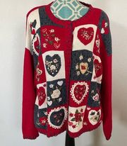 Heirloom Collectibles VTG Cardigan Sweater Hearts & Roses size XL Red