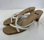 VTG Stuart Weitzman Strappy Sandal White Leather Raffia 8.5 B Y2K Kitten Heel