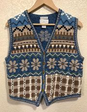 Vintage 90s Hand Embroidered Blue Floral Knit Vest