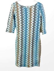 BB DAKOTA Blue Brown Sheer Knit Half Sleeve Mini Dress