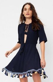 Tularosa Tallulah Navy Blue Plunge Neckline Tassel Hem Aline Mini Dress XS