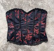 Vintage 90s Black Red Floral Satin Vampire Stapless Lace Up Corset Top