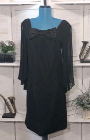 Vintage 80s 90s Audrey Hepburn black chiffon pleated angel sleeves midi dress L